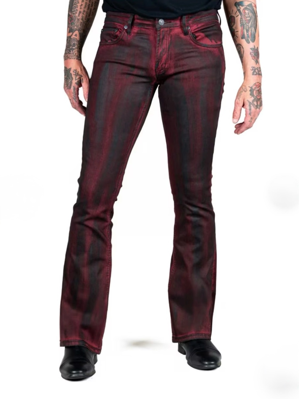 Wry Star Red & Black Flare Jeans – Size 28 Unisex | Distressed Rock Style Deni